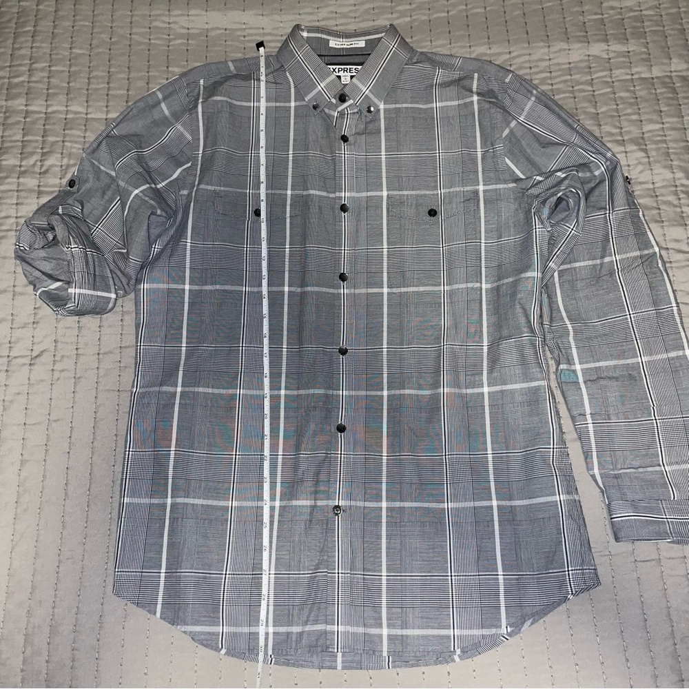 Large Gray/Black/White Plaid Express Long Sleeve Extra Slim Fit Dress Shirt